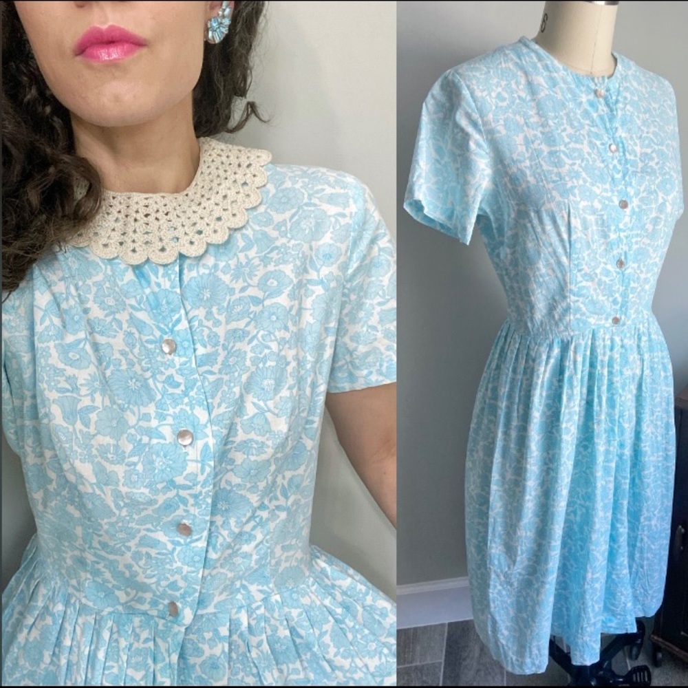1960s vintage blue and white floral print dress